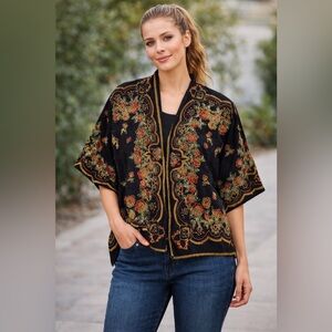 VTG 100% Silk Bead Sequin 80s Judith Ann Floral Black Cape Coat Layer Jacket 3X